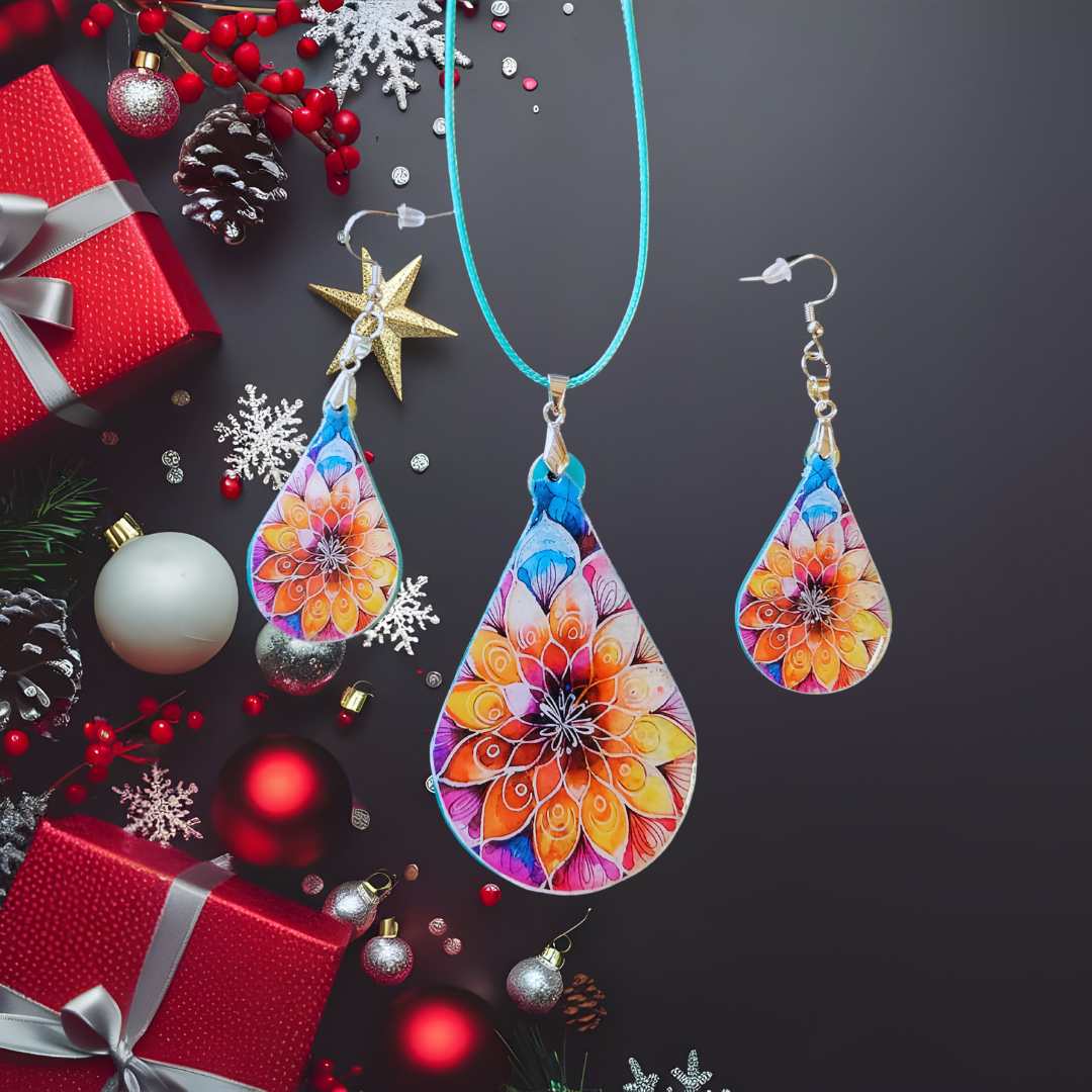 Orange Mandala Necklace and Earring Set