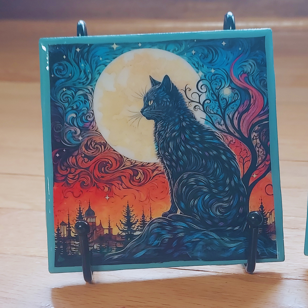 Black Cat and Night Sky Coasters - set of 4