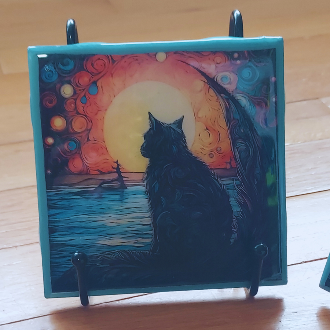 Black Cat and Night Sky Coasters - set of 4