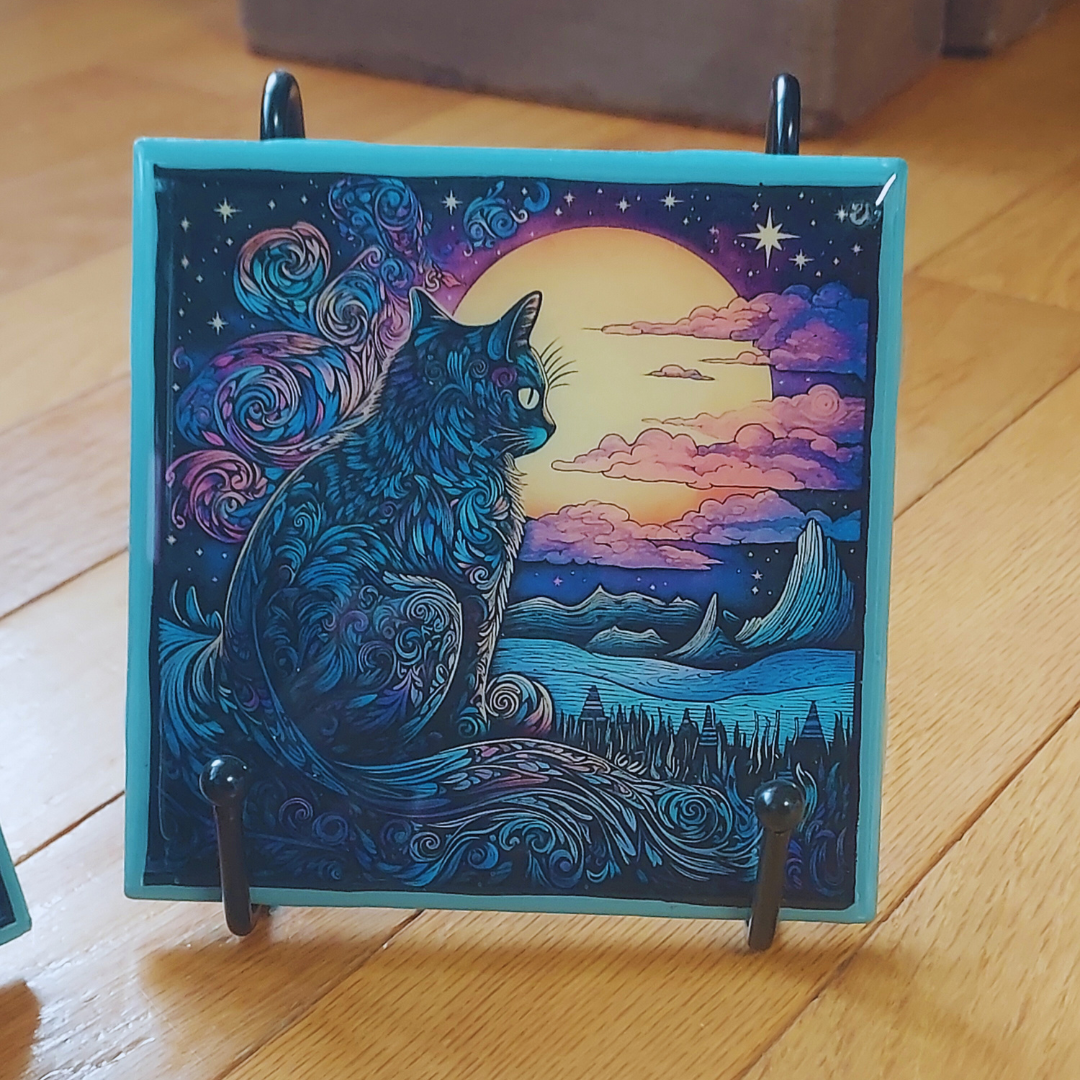 Black Cat and Night Sky Coasters - set of 4