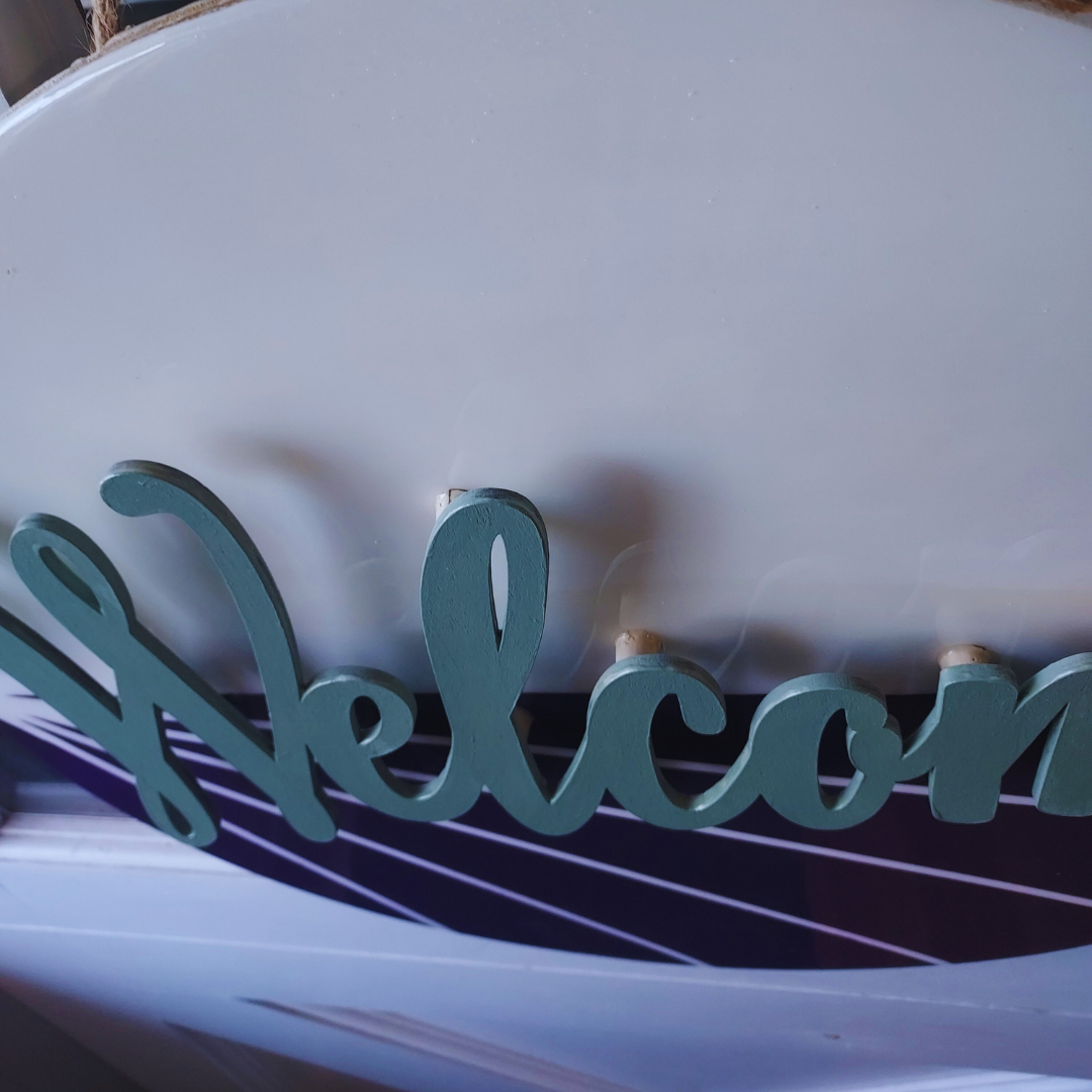 Floating Welcome Sign (Purple and White)