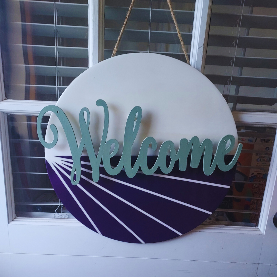 Floating Welcome Sign (Purple and White)