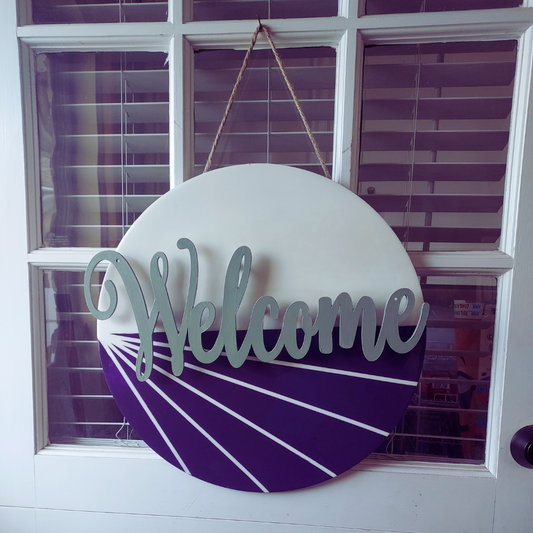 Floating Welcome Sign (Purple and White)